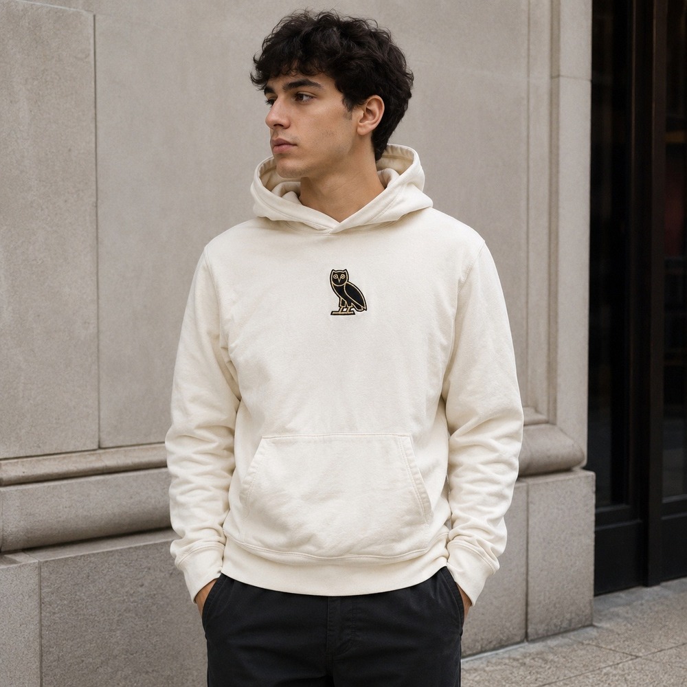 OVO October's Very Own Cream Hoodie Embroidered Owl Logo Pullover Size S